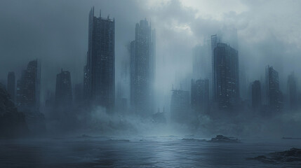 Poster - Enigmatic cityscape emerging from the fog with surreal dreamlike qualities and harsh lighting creating a mysterious urban atmosphere.