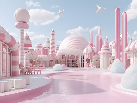Whimsical Pink Candy Cityscape with Pastel Buildings and Birds