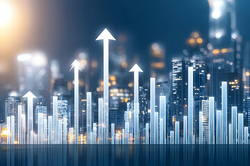 Poster - Cityscape growth, rising bars, night lights, economic progress, stock photo