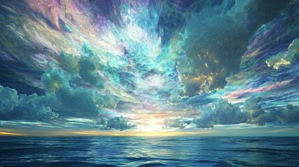 Poster - Surreal sunset over the ocean with dreamlike stained-glass colors and a diffused glow creating a magical atmosphere at dusk.