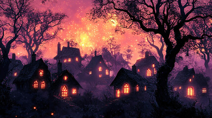 Poster - A breathtaking surreal village landscape with a fiery sky creating an otherworldly atmosphere and evoking silent reflections of dreamlike beauty.