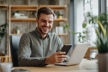 Joyful man uses phone inside office at workplace. Company employee types messages on smartphone and browses internet pages, social networks.