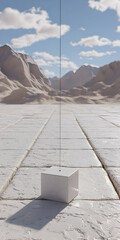 Poster - White Cube on Light Stone Pavement in Desert Mountain Landscape