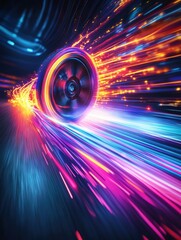 Poster - Glowing car wheel creates vibrant gasoline trail in dynamic high-speed motion through an abstract environment filled with energy