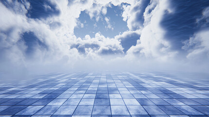 Poster - Striking image of a blue tiled floor with a captivating sky background creating a dreamlike and ethereal scene of illumination and beauty.