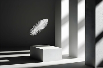 Poster - White Feather Floating Above a Gray Platform in a Minimalist Studio Setting