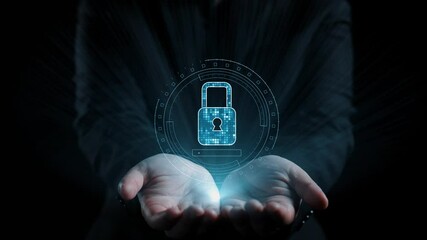 Poster - a modern illustration depicting hands presenting a digital lock symbol representing data security, s