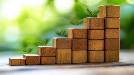Poster - growth graph and arrows building wood blocks on table