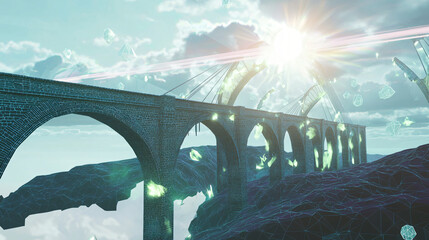 Poster - Striking bridge silhouetted against a dramatic sky background creating a surreal dreamlike scene enhanced by radiant highlights and depth.