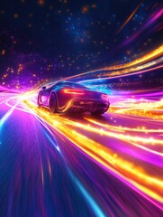 Poster - Glowing car wheel creates vibrant trail of neon gasoline in a high-speed energy rush at night on an abstract backdrop