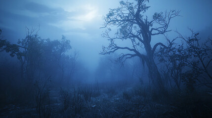 Poster - Solitary tree standing in a thick fog creating a surreal and dreamlike atmosphere with whispering voices in the wind enhancing the scene.