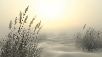 Poster - Tranquil beach with grassy sand dunes and a dreamlike atmosphere enhanced by surreal elements and whispers of the wind in the air.