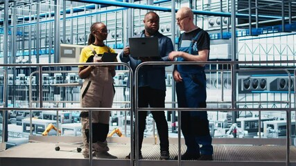 Poster - smart factory manager discussing with employees automated workflow implementation. supervisor overse