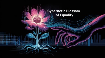 Poster - Cybernetic Blossom: A striking digital illustration of a flower blossoming in a futuristic, neon-lit world, with a hand reaching out to interact with it.