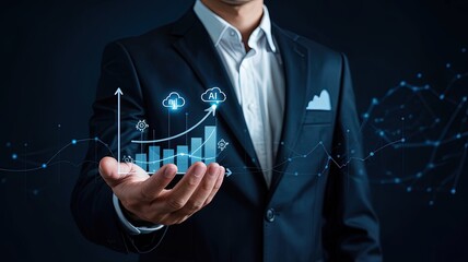Poster - Navigating Growth: A business professional showcases the concept of data-driven growth, holding a projection of a glowing upward trend chart and cloud infrastructure, symbolizing progress.