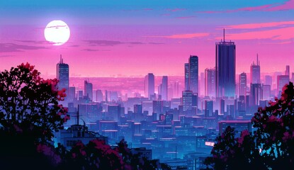 Poster - Vibrant Cyber Cityscape with Purple Sky at Dusk in Pixel Art Style, Evoking Nostalgia and Futuristic Aesthetics