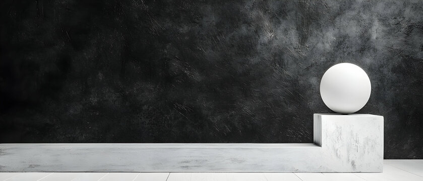White Sphere on Grey Concrete Platform Against Dark Background