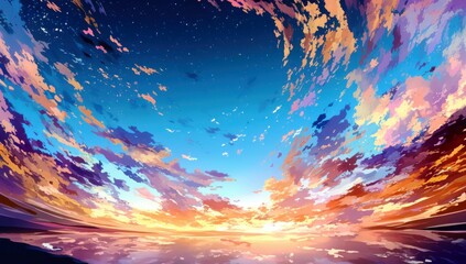 Poster - Breathtaking Sunset Sky Filled with Vibrant Colors and Swirling Clouds Over Calm Water at Dusk Captured in Stunning Detail