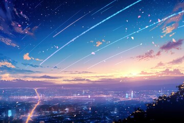Poster - Breathtaking Anime Style Scene of the Sky at Dusk with Colorful Clouds and Stars Over a Vibrant City Landscape in High Resolution