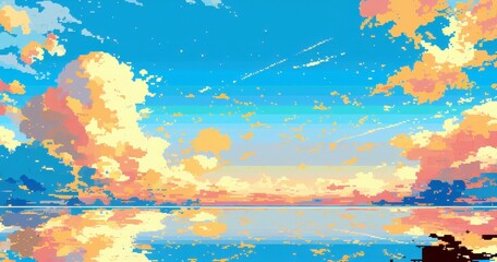 Poster - Vibrant Pixel Art of a Serene Sky with Pink and Teal Clouds Reflecting on Water, Capturing Tranquility in a Dreamy Landscape Scene