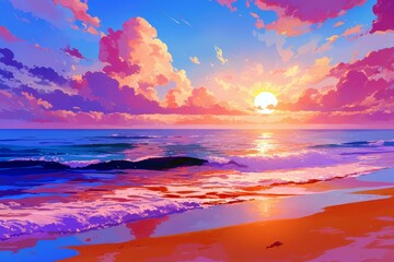 Poster - Vibrant Retro-Inspired Ocean Sunset Scene with Colorful Clouds and Gentle Waves, Perfect for 80s Anime Aesthetic and Dreamlike Ambiance