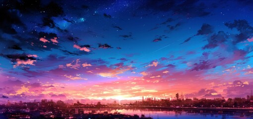 Poster - Stunning Cityscape at Sunset in Anime Style with Vibrant Colors and Breathtaking Sky Over Water Reflection
