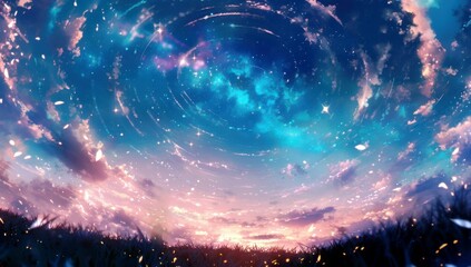 Poster - A breathtaking anime-inspired sky, with vibrant colors and swirling clouds, representing the vastness of space. 