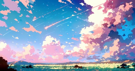Poster - Dreamy Pixel Art Sky with Pink and Teal Clouds Under Stars at Twilight, Captivating Colorful Horizon Perfect for Creative Projects and Backgrounds