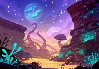 Poster - Colorful Cartoon Alien Landscape with Unique Plants and Planets in the Background, Featuring a Mystical Outer Space Scene