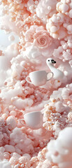 Poster - White Swan Among Pink Foamy Clouds and Roses