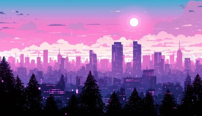 Poster - Stunning Cyberpunk Cityscape Illustration with Vibrant Purple Sky and Nostalgic Pixel Art Design, Capturing a Dreamy Urban Atmosphere