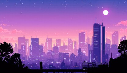Poster - Vibrant Cyberpunk Cityscape at Dusk with Purple Sky and Pixel Art Aesthetic for Retro Nostalgia Lovers