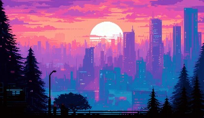 Poster - Futuristic Retro Pixel Art Cityscape at Dusk with Vibrant Colors and Nostalgic Elements in a Cyber Aesthetic