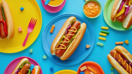 Poster - Brightly colored flat lay of hot dogs with vibrant toppings on a playful blue and yellow table perfect for a summer picnic or gathering