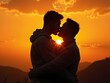 © Yuiziee - Sunset Silhouette of Love: A stunning close-up silhouette of a gay couple sharing a kiss at sunset, with the golden sky creating a breathtaking, romantic backdrop for their love.