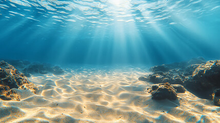 Poster - Unique perspective of a sandy beach submerged underwater with sunlight glimmering through the surface creating a dreamy scene.