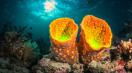 Poster - Pair of bright orange sponges nestled together in a beautiful underwater scene illuminated by the warm light of the golden hour.