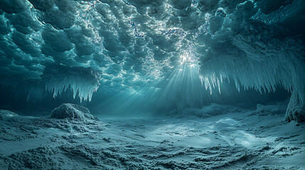 Poster - Mysterious cave formed in the underwater tundra featuring an intriguing landscape of ice and shadows captured in a serene environment.
