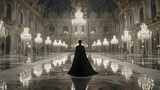 Woman in Black Dress Walking Through a Grand Palace Ballroom