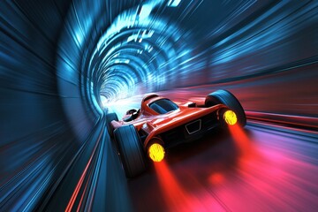Aufkleber - Futuristic race car speeds through neon-lit tunnel leaving vibrant smoke trail in a high-tech cyberpunk world