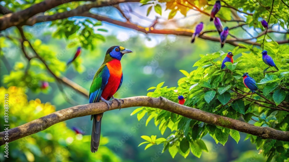 Colorful bird sitting comfortably on a thick branch of a tall tree with a beautiful green canopy above it and a few birds flying overhead , greenery, branches