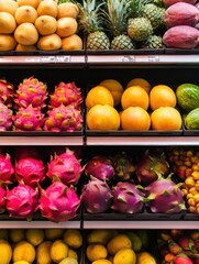 Aufkleber - Colorful supermarket shelf displaying exotic tropical fruits including dragon fruit, passion fruit, mango and papaya in a vibrant setting