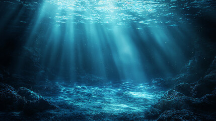 Poster - deep blue ocean scene with sunlight streaming through the water creating a beautiful underwater glow