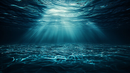 Poster - Deep blue ocean waters with sunlight streaming through the surface creating a mesmerizing display of light rays and aquatic serenity below.