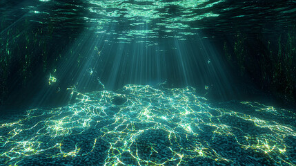 Poster - Dark underwater scene featuring a mysterious atmosphere illuminated by neon glow creating a unique aquatic dimension.
