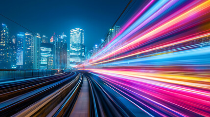 Poster - Dynamic city train movement urban landscape night photography futuristic environment long exposure view motion concept