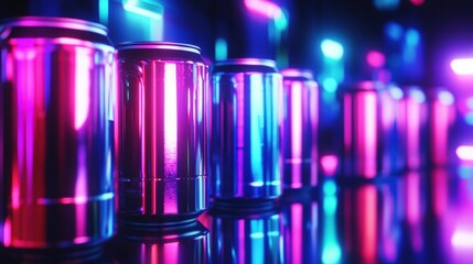 Poster - Futuristic neon-lit energy drink display with cyberpunk aesthetic and vibrant reflections at a modern urban venue