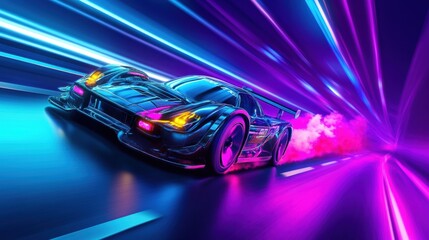 Poster - Futuristic race car speeds through neon-lit tunnel while vibrant smoke billows behind in cyberpunk setting