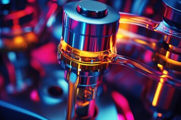 Aufkleber - Close-up view of a high-tech engine piston with flowing gasoline illuminated by vibrant neon highlights