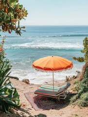 Poster - Colorful beach with striped lounge chair and bright umbrella for a perfect tropical getaway